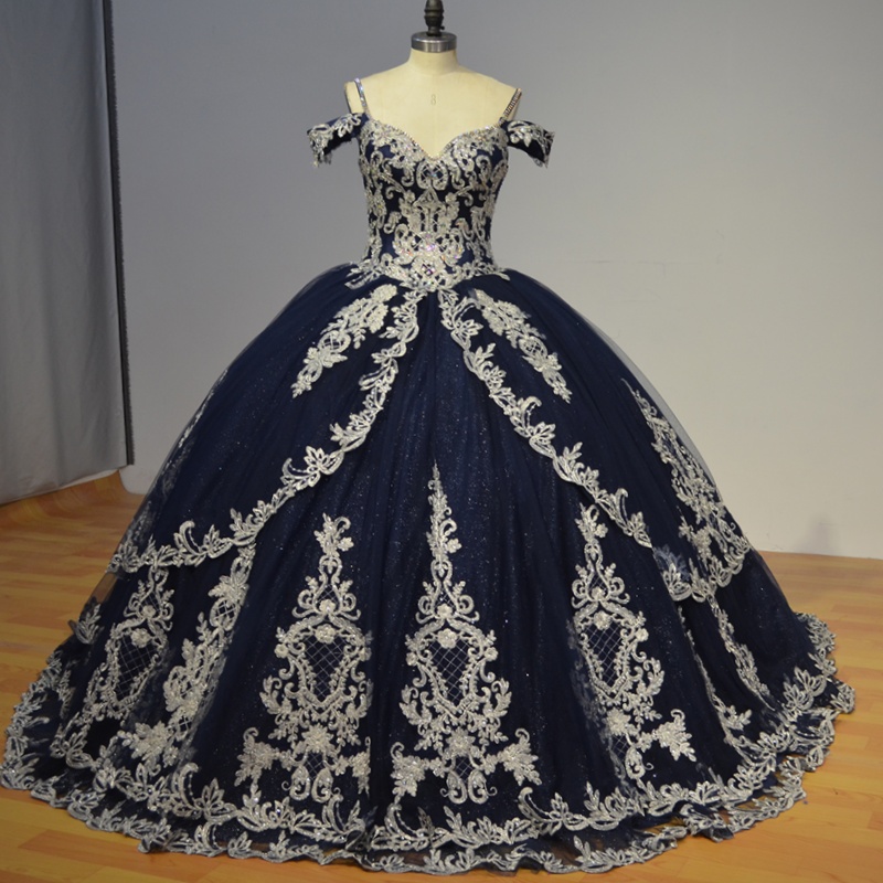 Navy Blue Shiny Princess Quinceanera Dresses Off Shoulder Applique Beads Tull Sweet 16 Dress Ball Gown Vestidos 15 De Anos