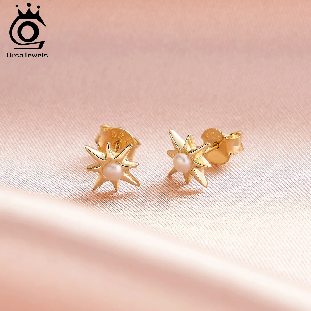 ORSA JEWELS 925 sterling silver 14K gold deluxe stud earrings 2 pieces 2.5-3mm natural freshwater round pearl star GPE113 250409