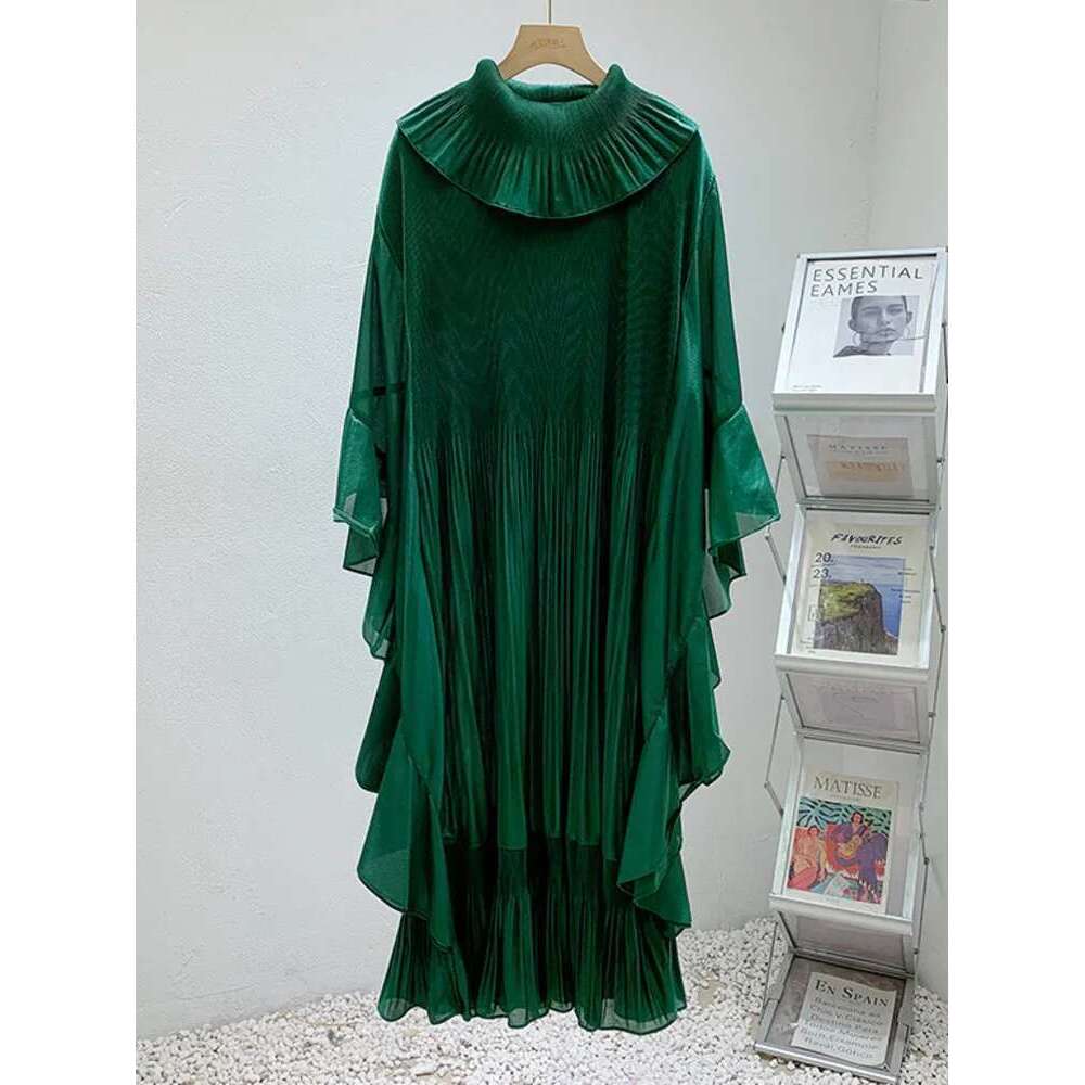 Miyake Pleated Long Party Dress Fashion Elegant Ruffles Spliced Batwing Sleeves Loose Solid Color Dresses 2024 Autumn New