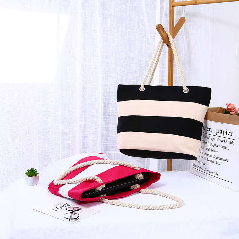 Coarse hemp rope striped patchwork for women's leisure, tourism, shopping, practical large capacity portable canvas bag