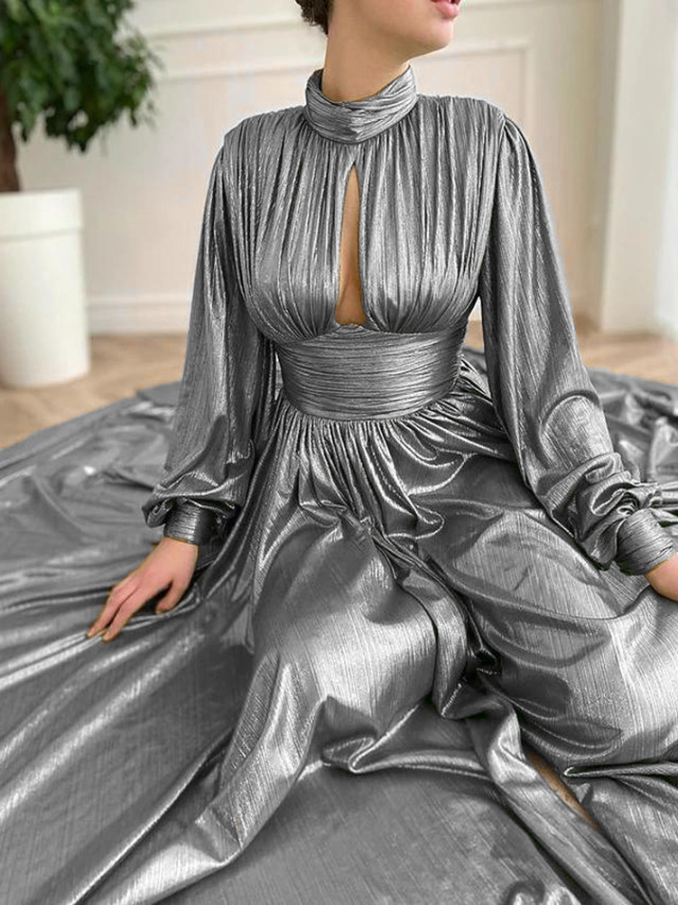 New 2025 Spring and Summer Trendy Colors Folding Waist Hanging Neck Big Swing Sexy Avocado Green Dress Long Skirt for Women