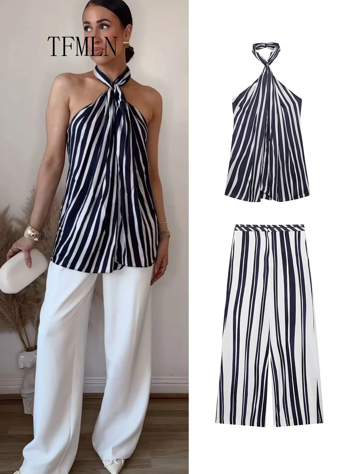 TFMLN Summer Womens Stripe Printed Set Fashion Sleeveless Strap Backless Top Pocket Casual Wide Leg Pants Set 250411