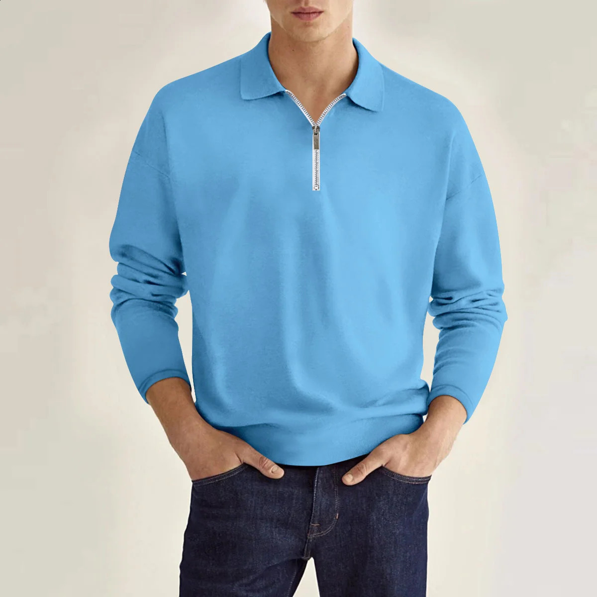 Spring and Autumn Classic Mens Daily Casual Preppy Style Solid Color Zipper Decorated Loose Lapel Long-Sleeved POLO Shirt 250409