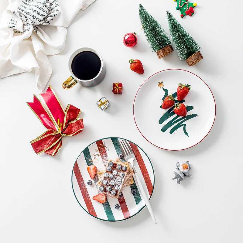 Christmas 1pc Merry Christmas Ceramic Dinner Dish Plate Set Mug Dessert Cake Pastry Fruit Serving Plate Decorative Tableware Y251113