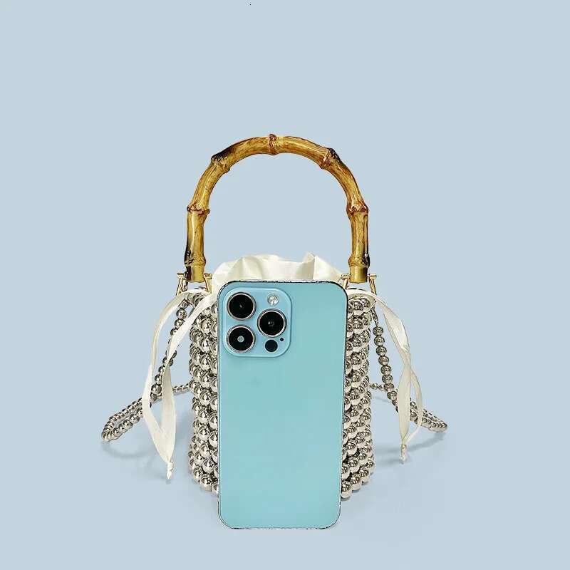 New Niche Design Drawstring Bucket Pearl Chain Hand-Held Bamboo Bag, Hand Woven Crossbody Bag