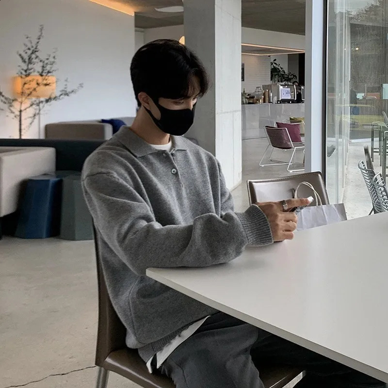 Men Korean Style Polo Neck Sweater Light Knitted Long Sleeve Pullover Casual Solid Color Streetwear Leisure Knitwear 250409