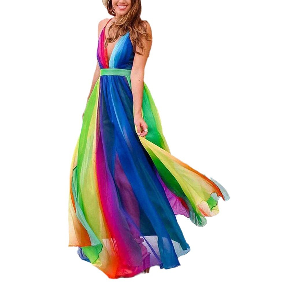 2025 Spring/summer New Womens New Strap Sexy Deep v Rainbow Chiffon Strap Dress