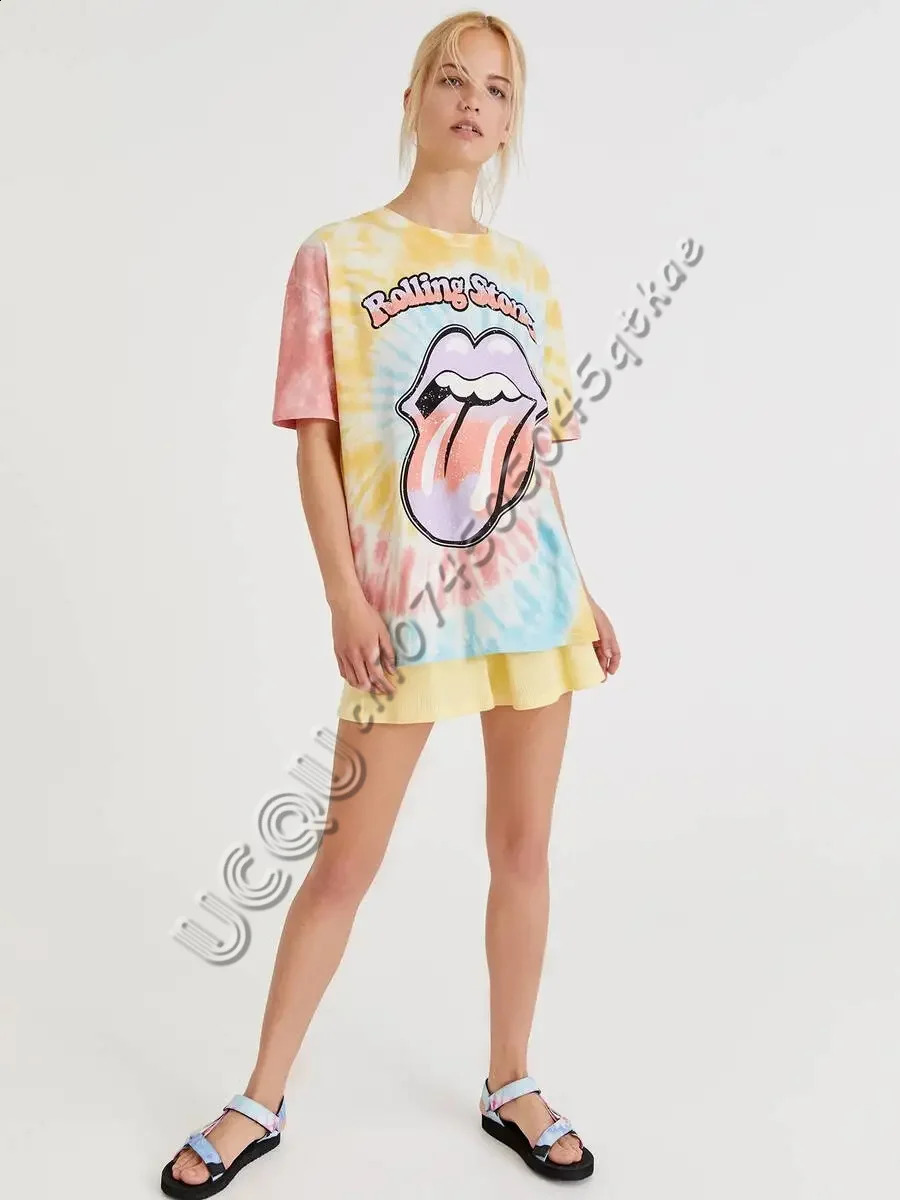 Rolling Stone Color Printed Womens Tshirt Round Neck Funny Hip Hop Style Short Sleeve Fashion Casual Top 250407