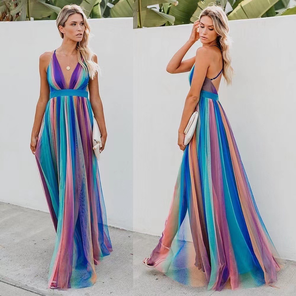 2025 Spring/summer New Womens New Strap Sexy Deep v Rainbow Chiffon Strap Dress