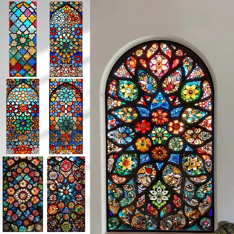 European style retro church stained glass film frosted privacy window film home decoration self-adhesive glass sticker 250411