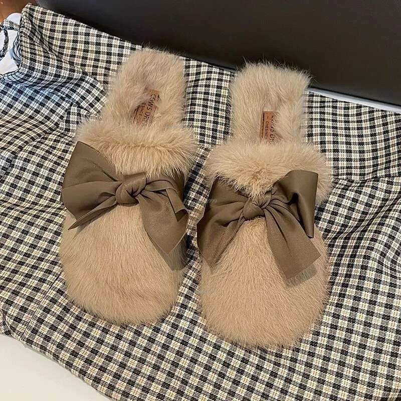 New Free Shipping Designer Shoes Slippers For Women, Worn As Outerwear Hairy Women's New Autumn Fashion Item Flat Bottomed And Versatile Bow Bow 