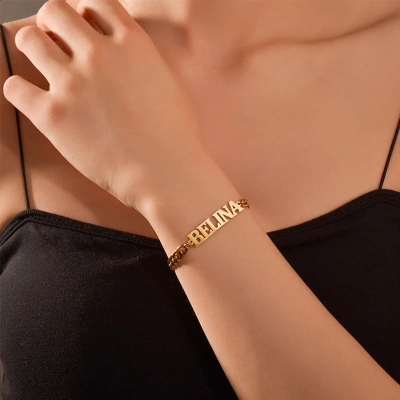 Goxijite Customized Womens and rens Name Bracelets Stainless Steel Alphabet Name Plates Thick Chains Charm Bracelets Jewelry Gifts 250408