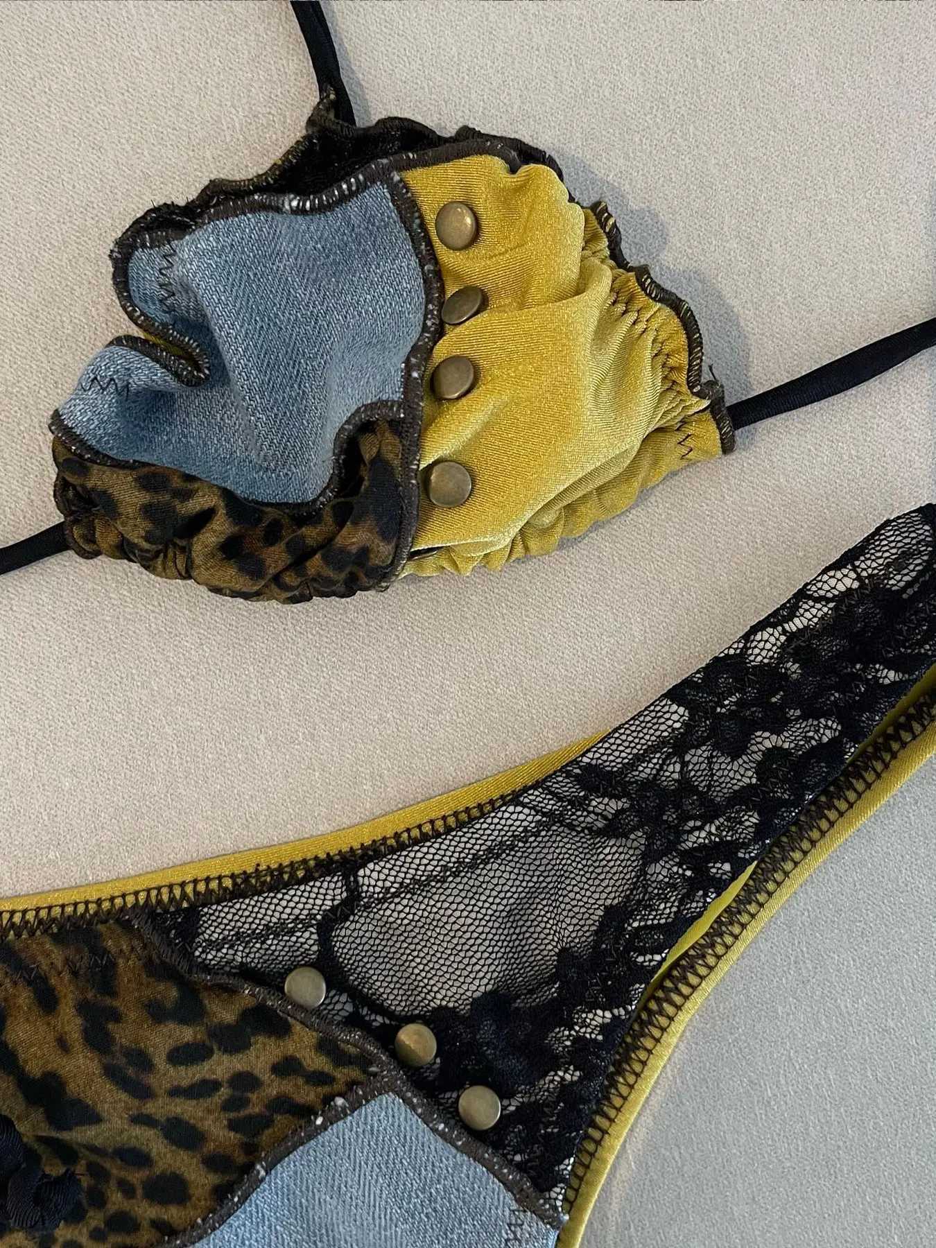 2025 Women Swimsuit Bold Leopard Print and Yellow Patchwork Bikini Set Perfect for Beach Wear and Pool Parties Summer GetawaysW251113