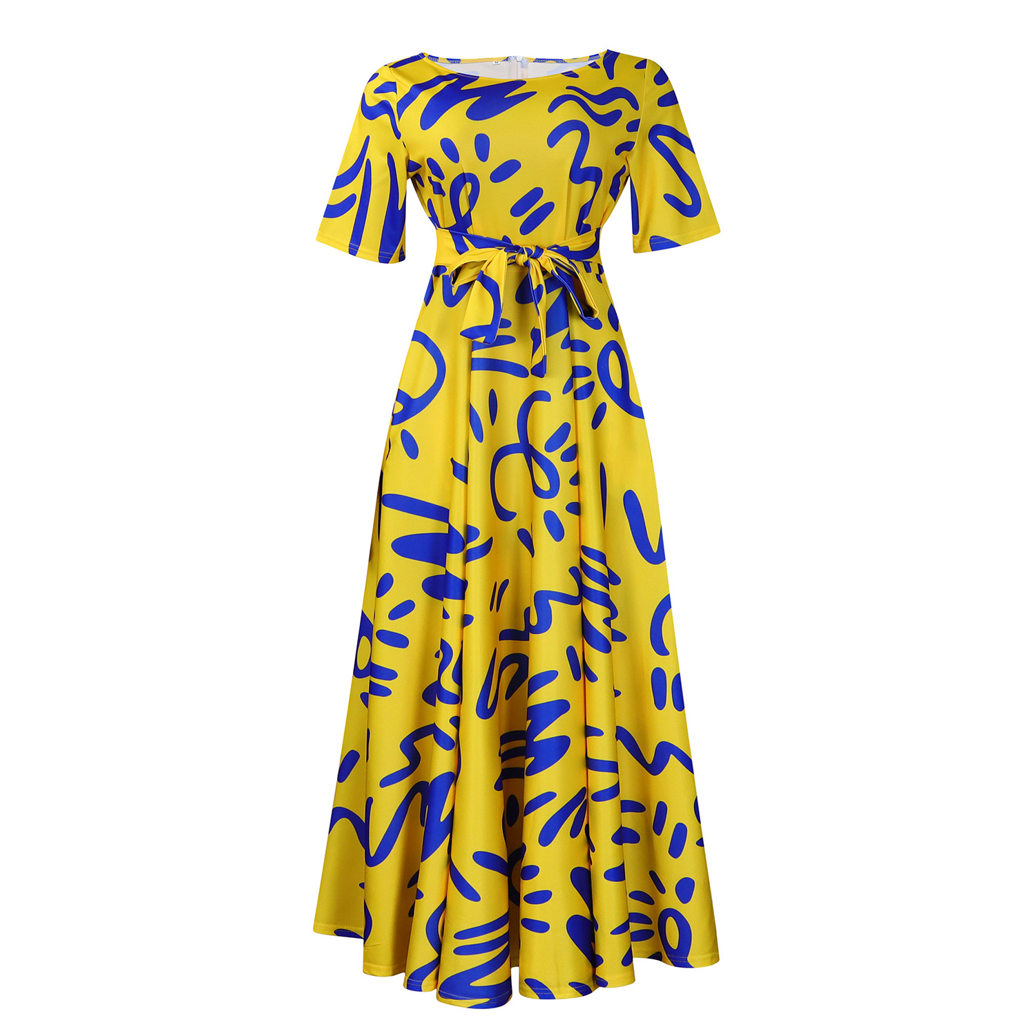 D410Chic Women's African Print Dress with Lace-Up Detail - Fashionable Short Sleeve Swing Outfit for Export