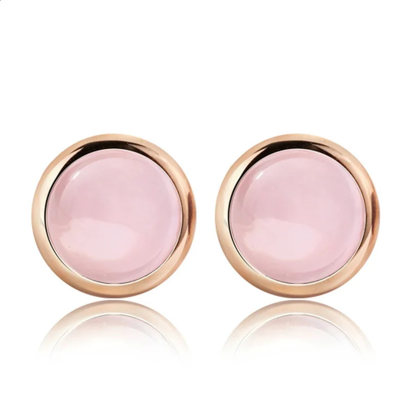 Wholesale Fashion Jewelry Crystal Pink Natural Plush Stone Rose Quartz 925 Pure Silver Round Stud Earrings 250409