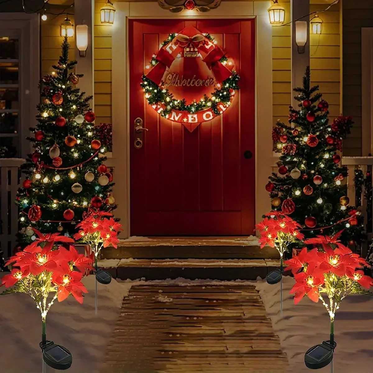 LED solar Christmas flower poinsettia artificial flower light suitable for decorating Christmas gardens lawns and courtyards M251113