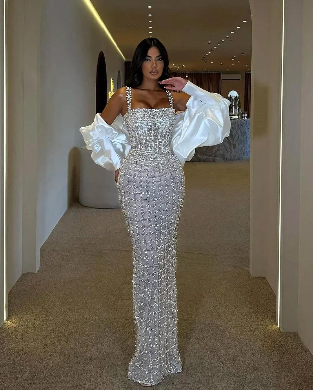 White Luxury Fully Crystals Beaded Evening Dresses With Detachable Cape Arabic Dubai Pageant Events Prom Party Gowns Bc20957 N13 B0312
