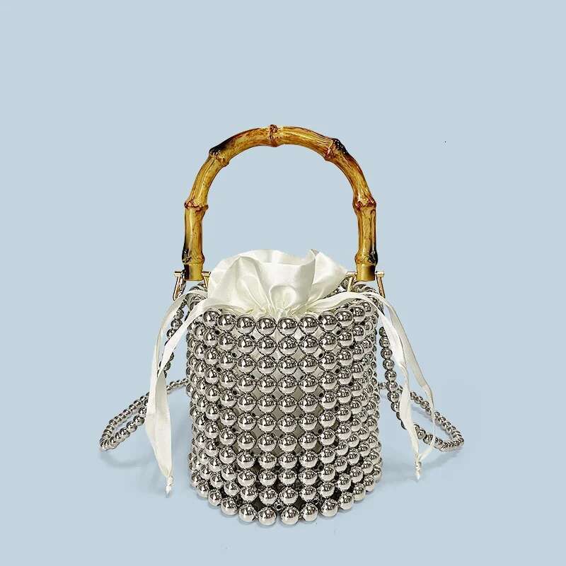 New Niche Design Drawstring Bucket Pearl Chain Hand-Held Bamboo Bag, Hand Woven Crossbody Bag
