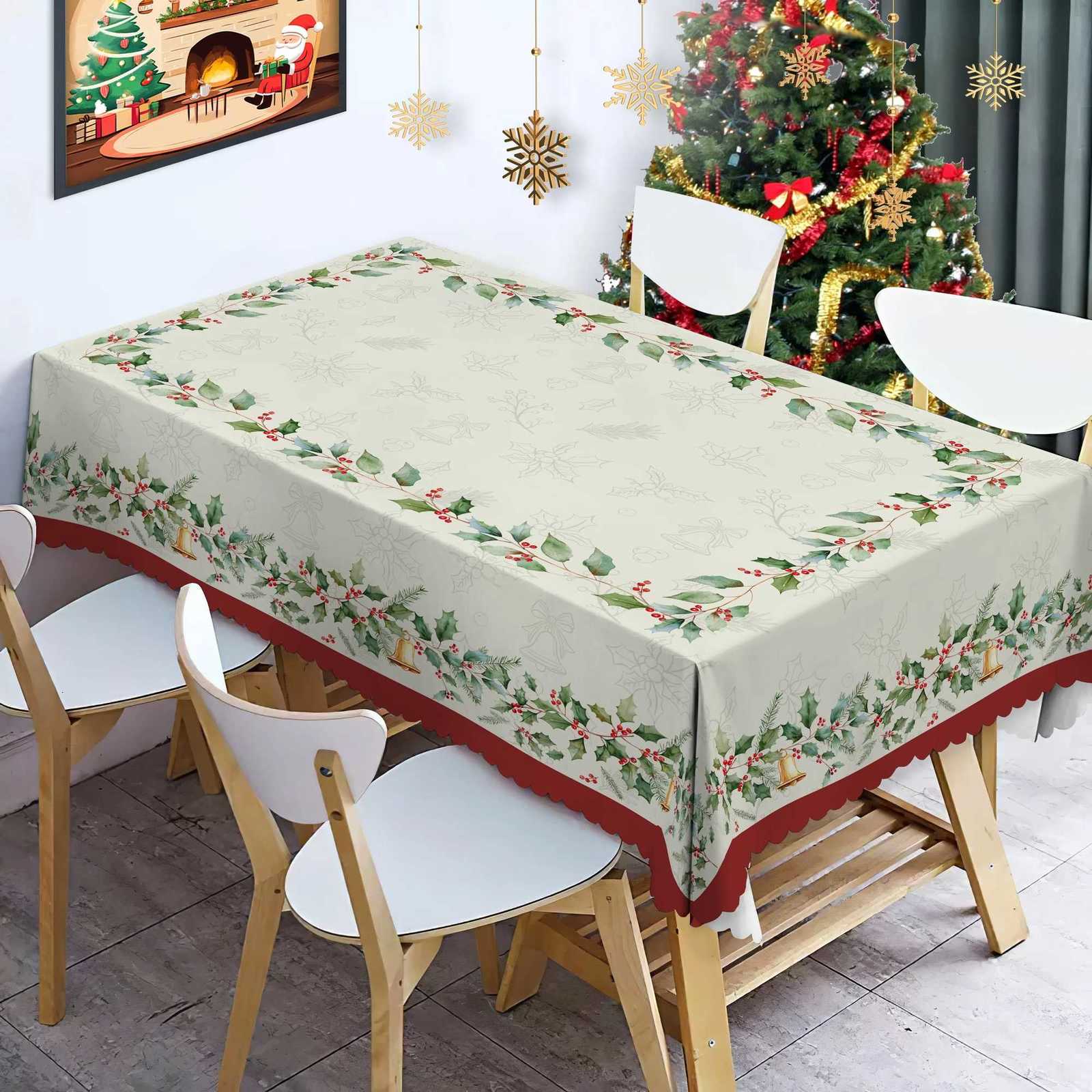 Christmas Merry Christmas Holly Berries Waterproof Tablecloth for Table Decor Winter Xmas Kitchen Dining Table Coth Christmas Decorations Y251113
