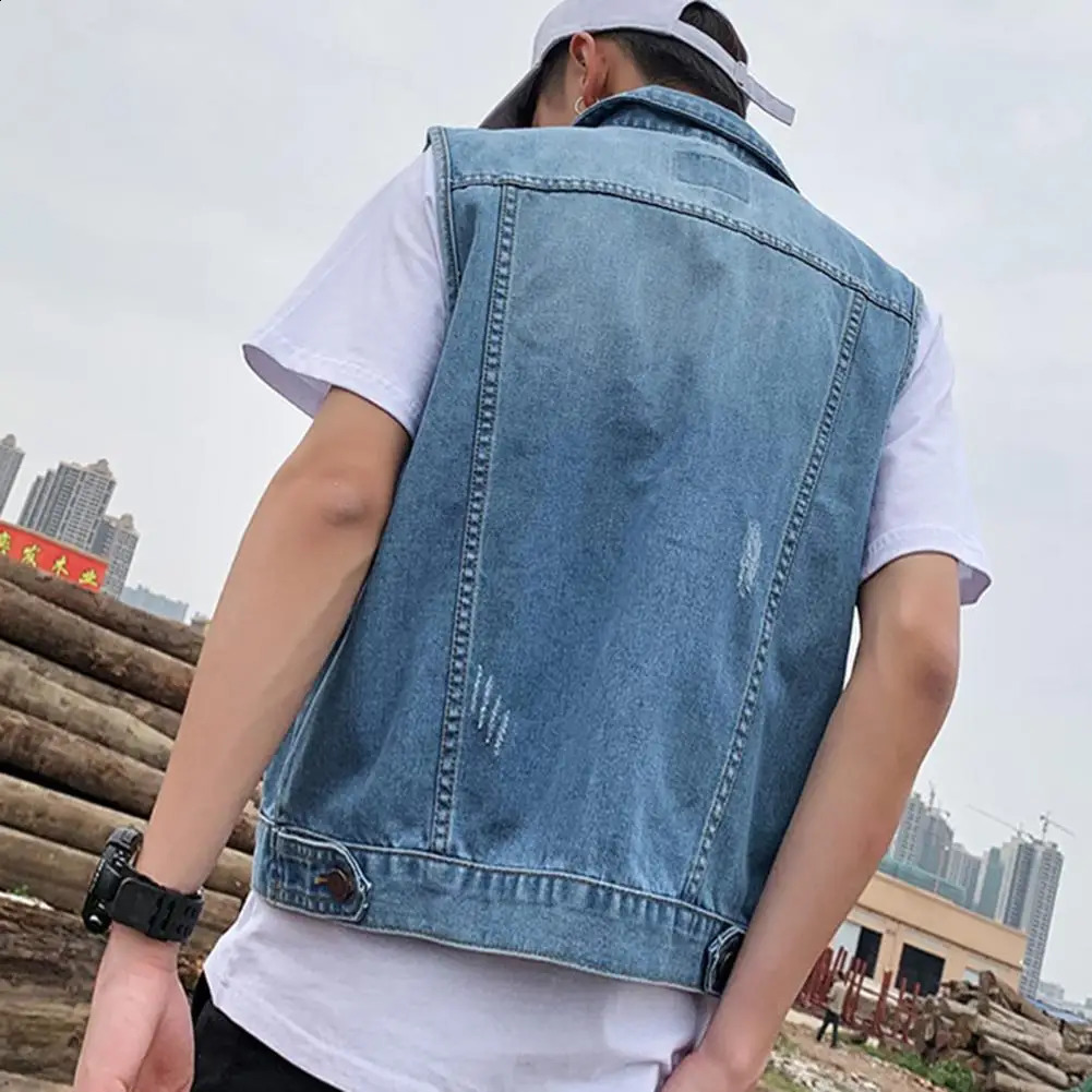 Men Denim Vests Spring Summer Ripped Long Hole Jeans WaistcoatFashion Sleeveless Casual Jacket Outerwear 250409
