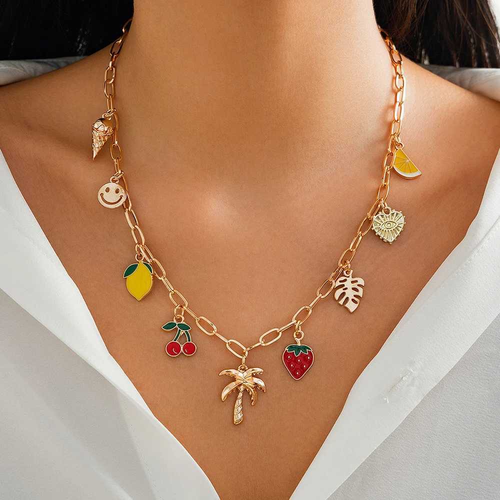 Delicious Fruit Cherry Strawberry Charms Necklace Boho Style Collarbone Chain Sweet Dopamine Woman Choker Jewelry Gift Z250412