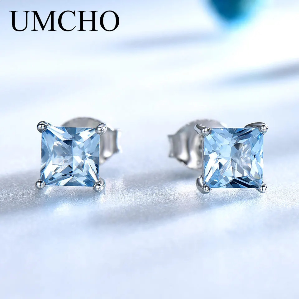 UMCHO 925 sterling silver stud earrings suitable for female princess cutting sky blue yellow jade earrings exquisite jewelry blue gemstones gift 25040