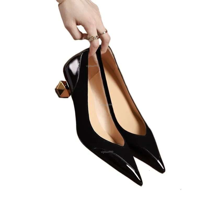 New free shipping designer shoes Northern Xinjiang Wolf's new patchwork single shoe women's middle heel pointed shallow mouth apricot high h