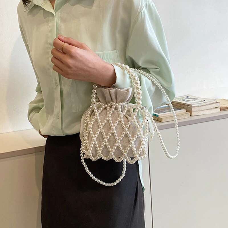 Handmade Beach Bag Handmade Pearl Sweet Brand Shoulder Tote Bag Bead Handbag Women Summer Party Small Bucket Purse Kq1