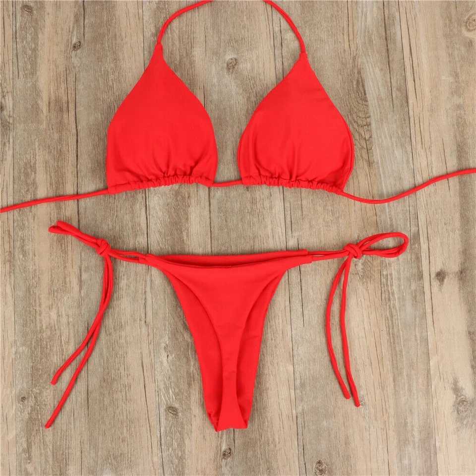 2Pcs Summer Women Bikini Set Side Tie Sexy Swimsuit Bandage Style Brazilian Swimwear Solid Color Swimming Bathing SuitW251113