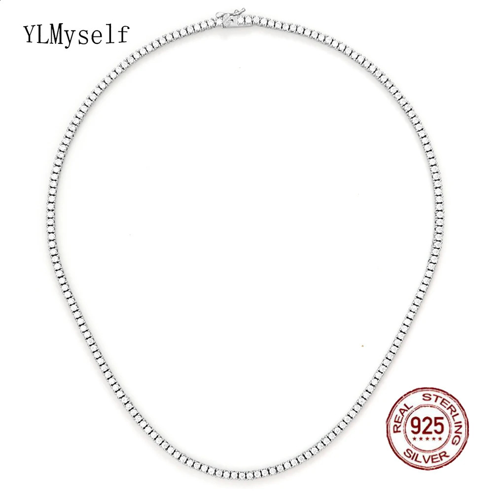 41/42/43cm16/17 Inch Real 925 Sterling Silver 2 mm Zircon Tennis Chain Necklace Women Engagement Wedding Choker Fine Jewelry 250407