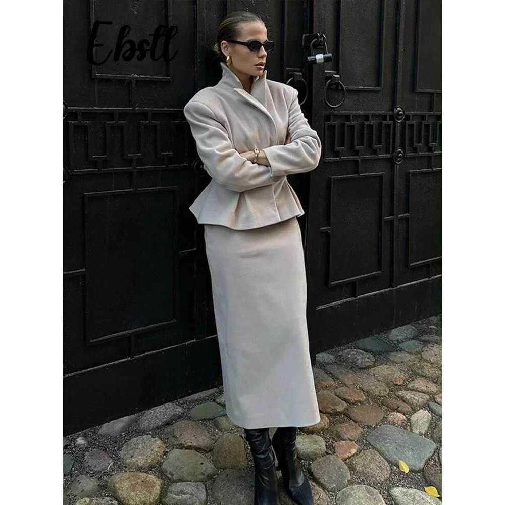 Slim Woolen Blazer Coat Skirts Set Women Grey Lapel Hidden Buckle Coats Hip Package Long Skirt 2025 New Female Elegant Outfits