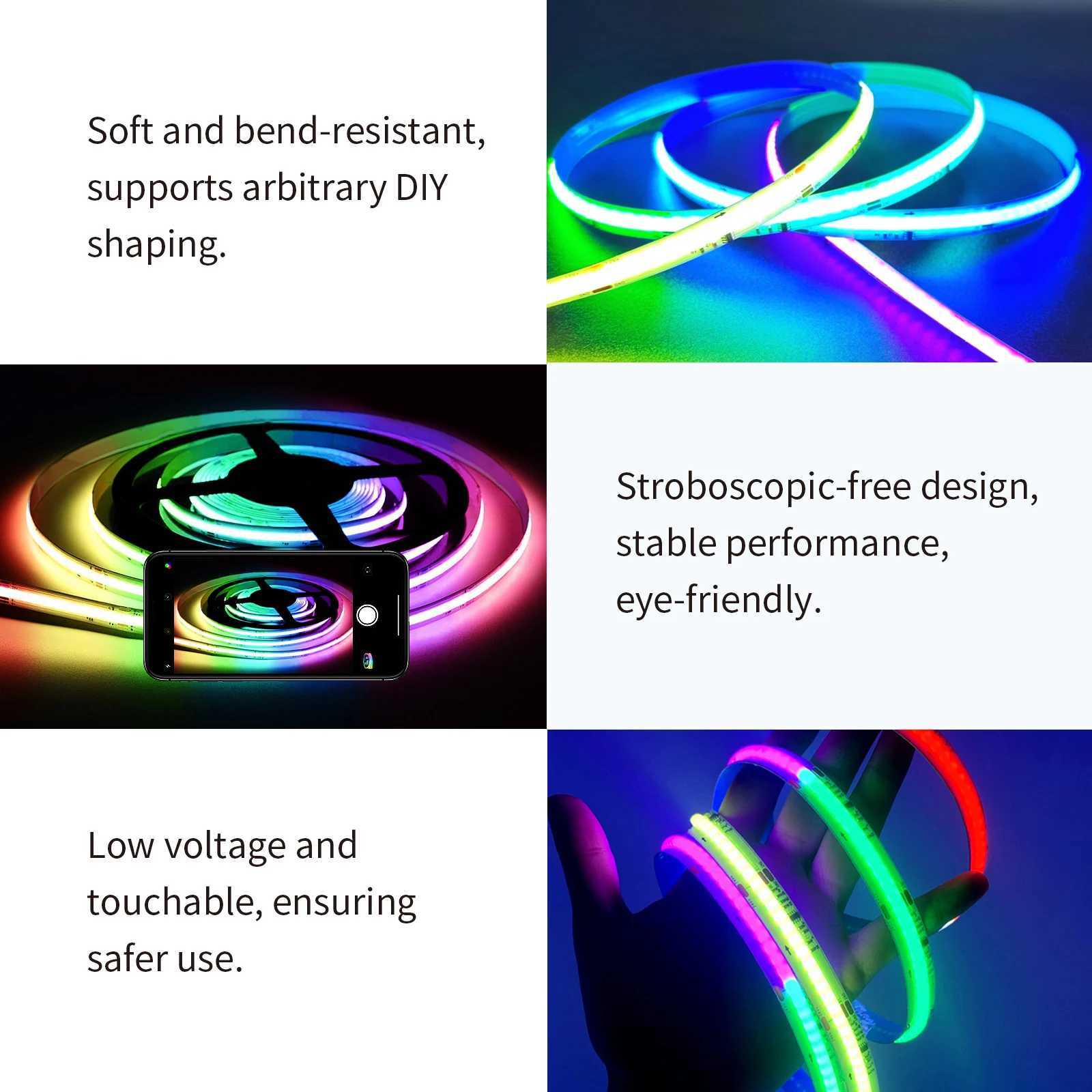 LED Strip Lights COB RGBIC 24V 6M/12M RGB LED Lights for Bedroom with RF Remote Smart Bluetooth APP Music Sync Strip Lights W251112