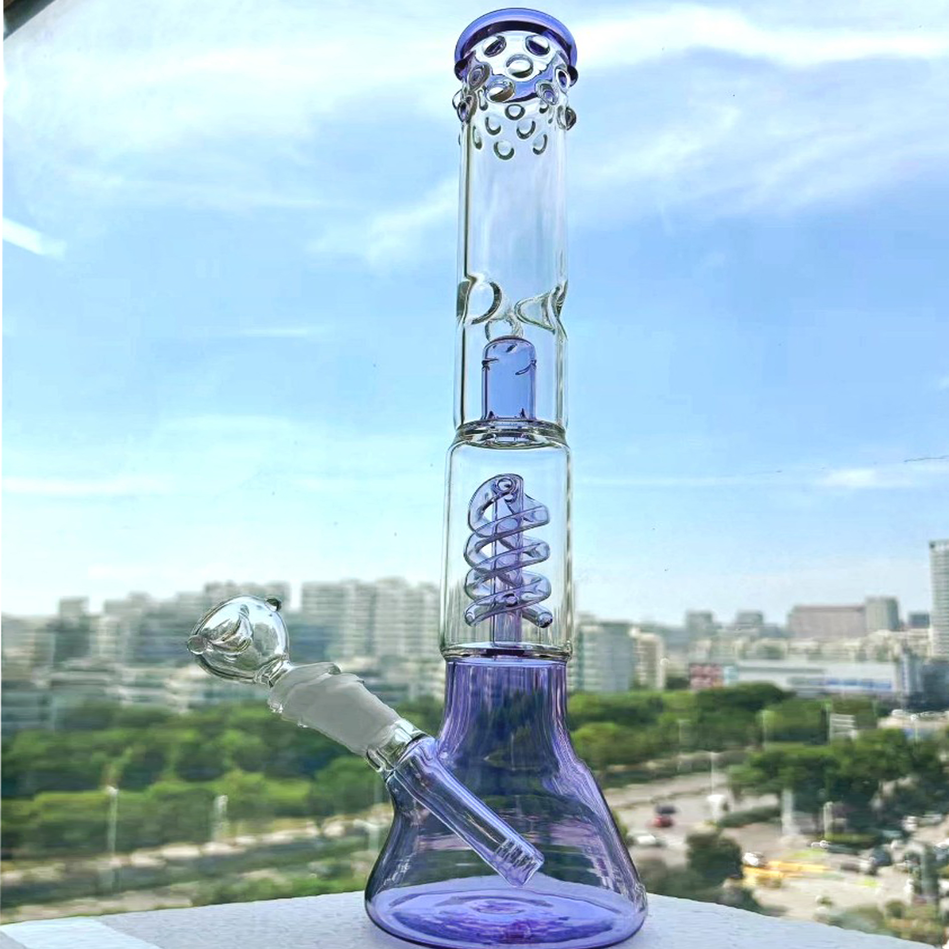 Purple Glass Water bongs beaker hookahs Freezable coil Smoking Water Pipes Bubbler Recycler Oil With 14mm Bowl