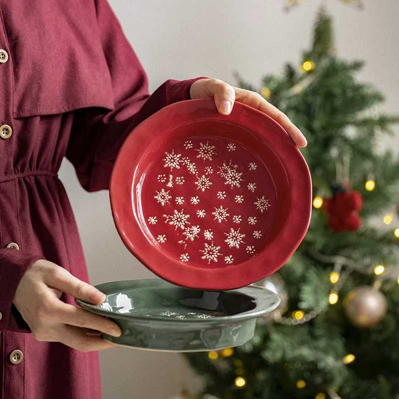 Christmas Christmas Tableware Embossed Plate Snowflake Steak Western Dish Creative Simple Ceramic Dessert Bowl Mug Y251113