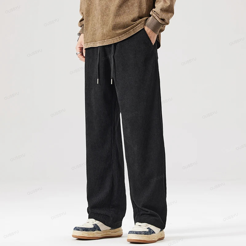 OUSSYU Autumn Winter Mens Stripe Corduroy Pants Elastic Waist Drawstring Straight Thick Outdoors Loose Casual Trousers Z260315