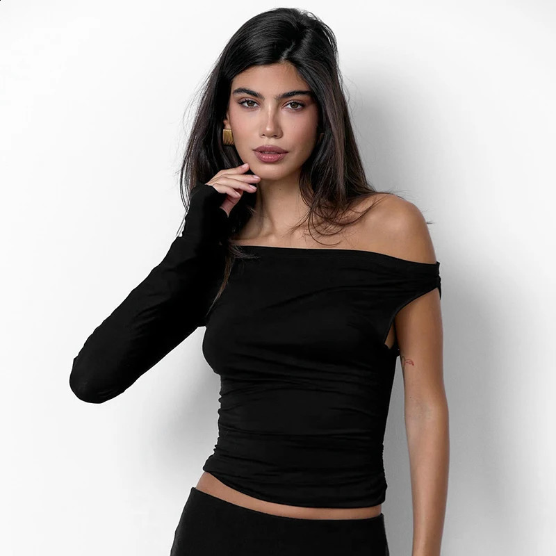 CUTENOVA Womens Autumn Irregular Top Slant Collar Solid Color Single Sleeve Strapless Micro Wrinkle Fashion Y2K 250407