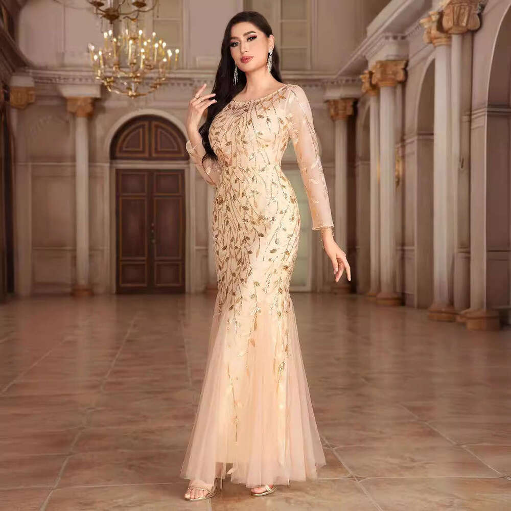Designer 2025 Hot Selling Long Sleeved Round Neck Back Zippered Fishtail Banquet Evening Dress For Women