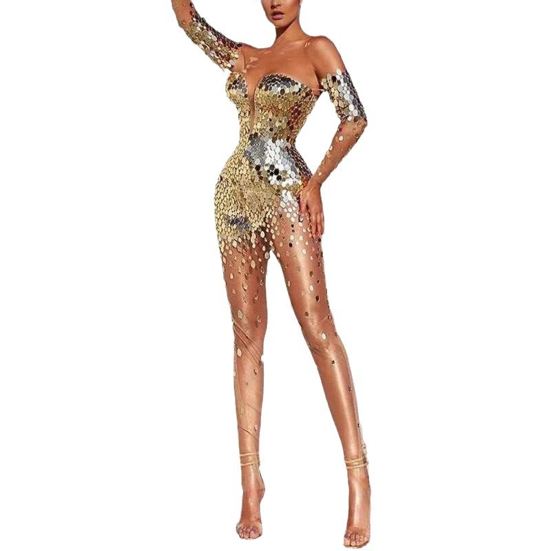 2025 Summer New Womens Dress Sparkling One Shoulder Sexy Mesh Perspective Long Evening Dress
