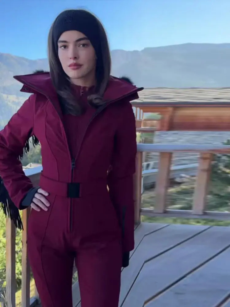 Chic Tassels Ski Suit Zippers Fur Hooded Slim High Waist Lady Jumpsuits 2025 Winter Fashion Female Warm Skiwear 251113