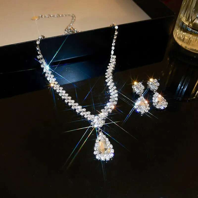 Sparkg Rhie Necklace Drop Earrings For Women Geometric Water Droplet Pendant Necklaces Wedding Bride Jewelry Sets