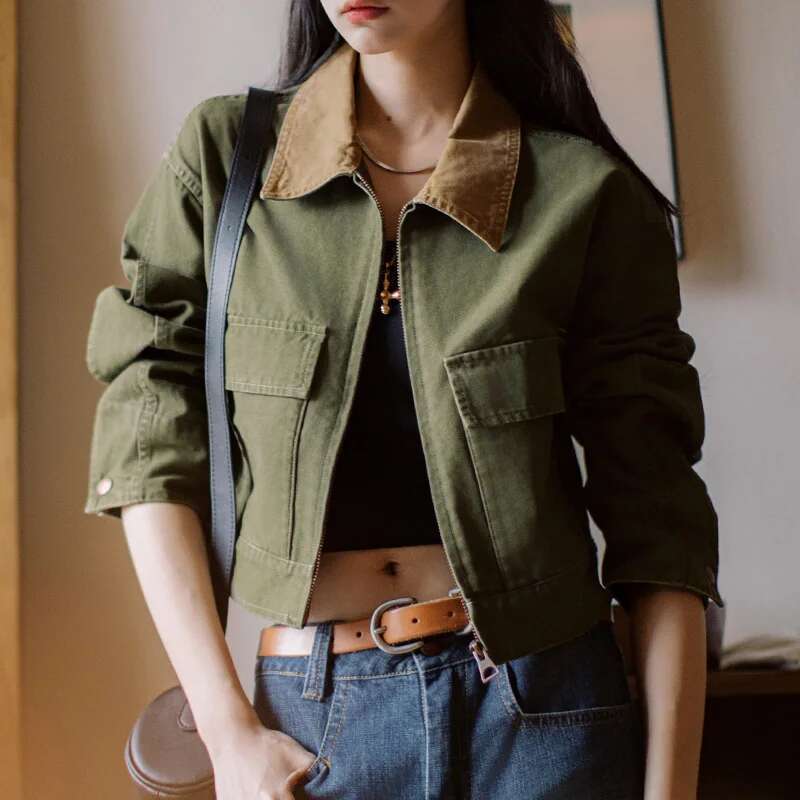 Designer Clothes Maden Women's Autumn Barn Style Color Blocked Canvas Safari Jacket Spliced Turn - Down Collar Workwear Vintage Charm Outwear