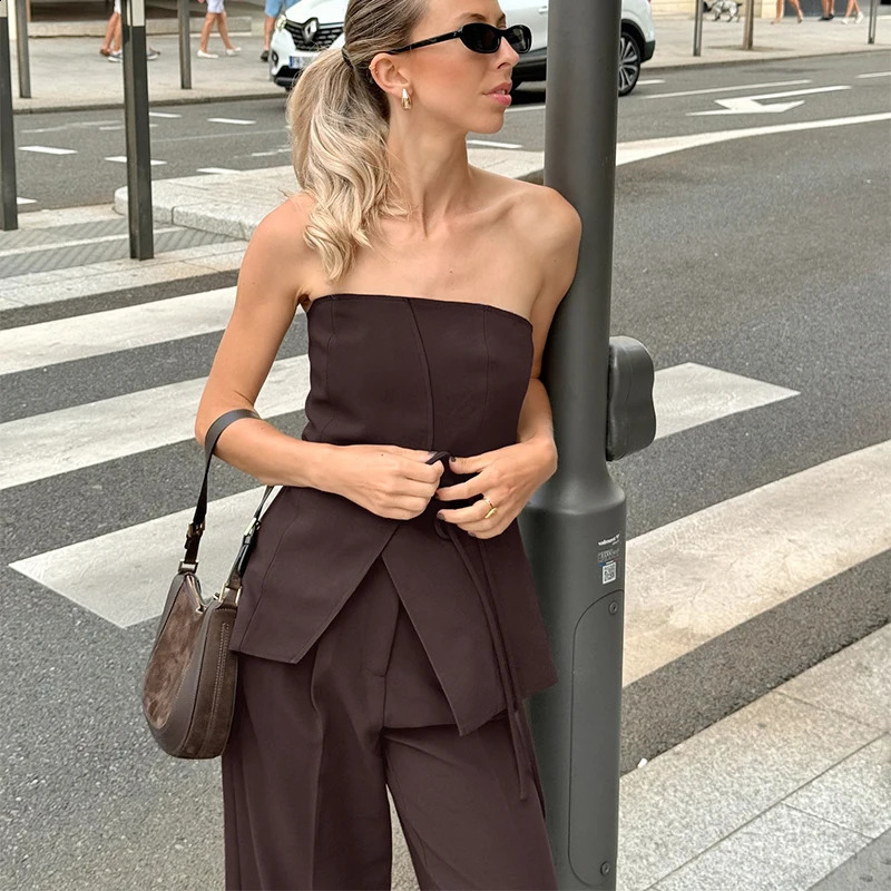 Womens fashion 2-piece sexy backless waistband sleeveless lace top loose wide leg pants summer womens clothing 250411