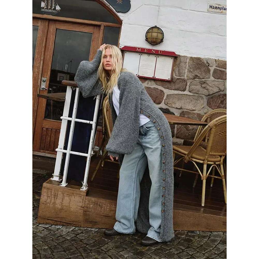 Women's Fashion Single Breasted Knit Cardigan Loose V-Neck Grey Buttons Sweater 2024 Autumn New Lady Commuting Streetwear