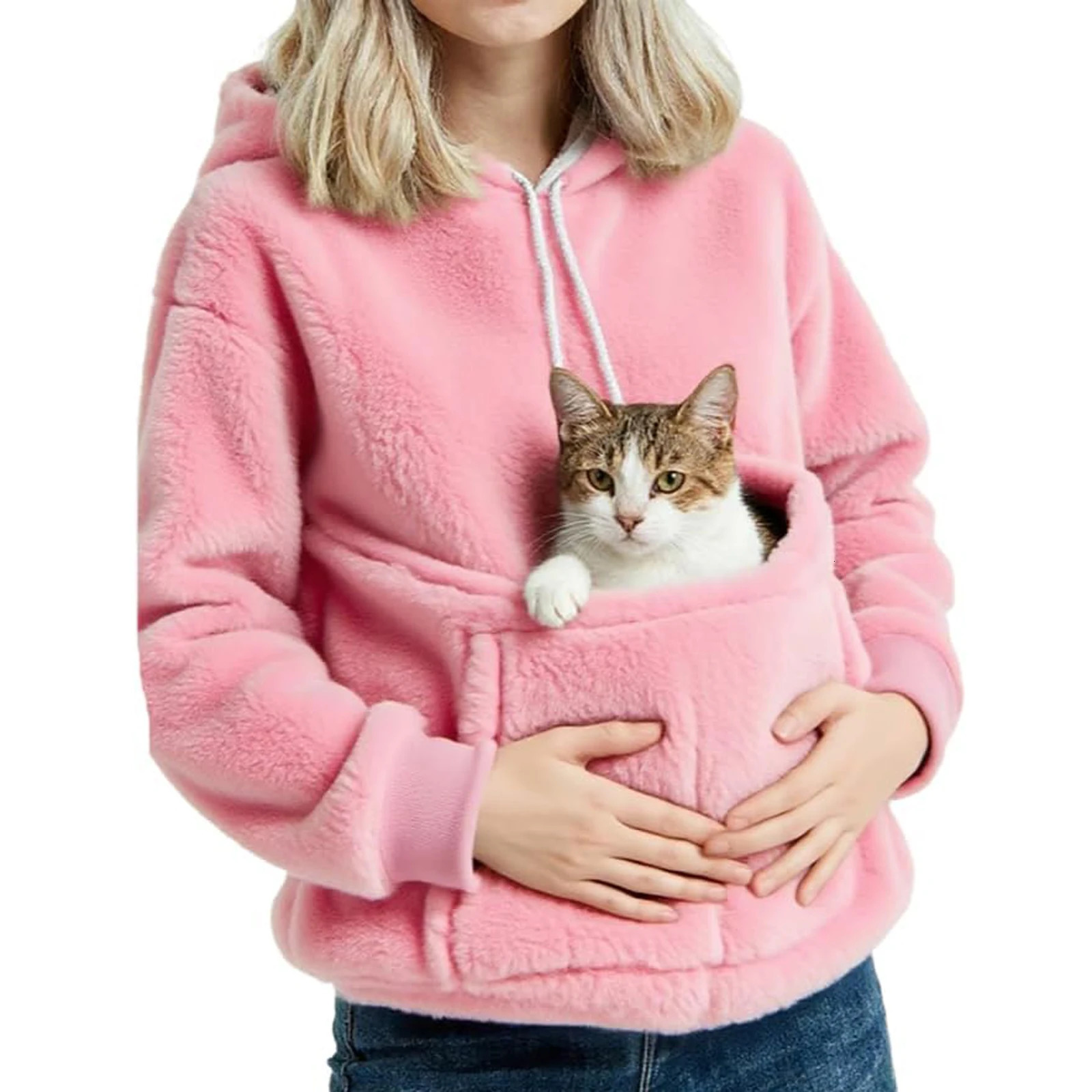 Pink Hooded Sweatshirt Unisex Tops Fashionable Casual Solid Color Long Sleeves Pockets Can Hold Pets Cats 251113