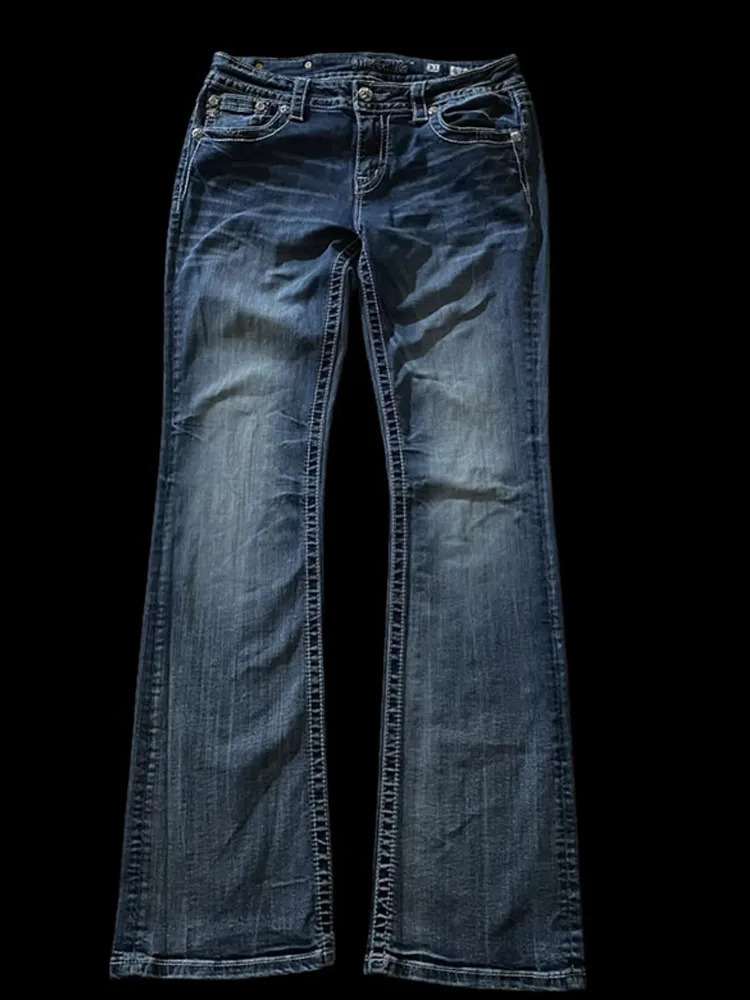 American retro ultrathin Flare jeans Y2k Harajuku Gothic pocket embroidered blue denim pants low waist wide leg Trouser 250410