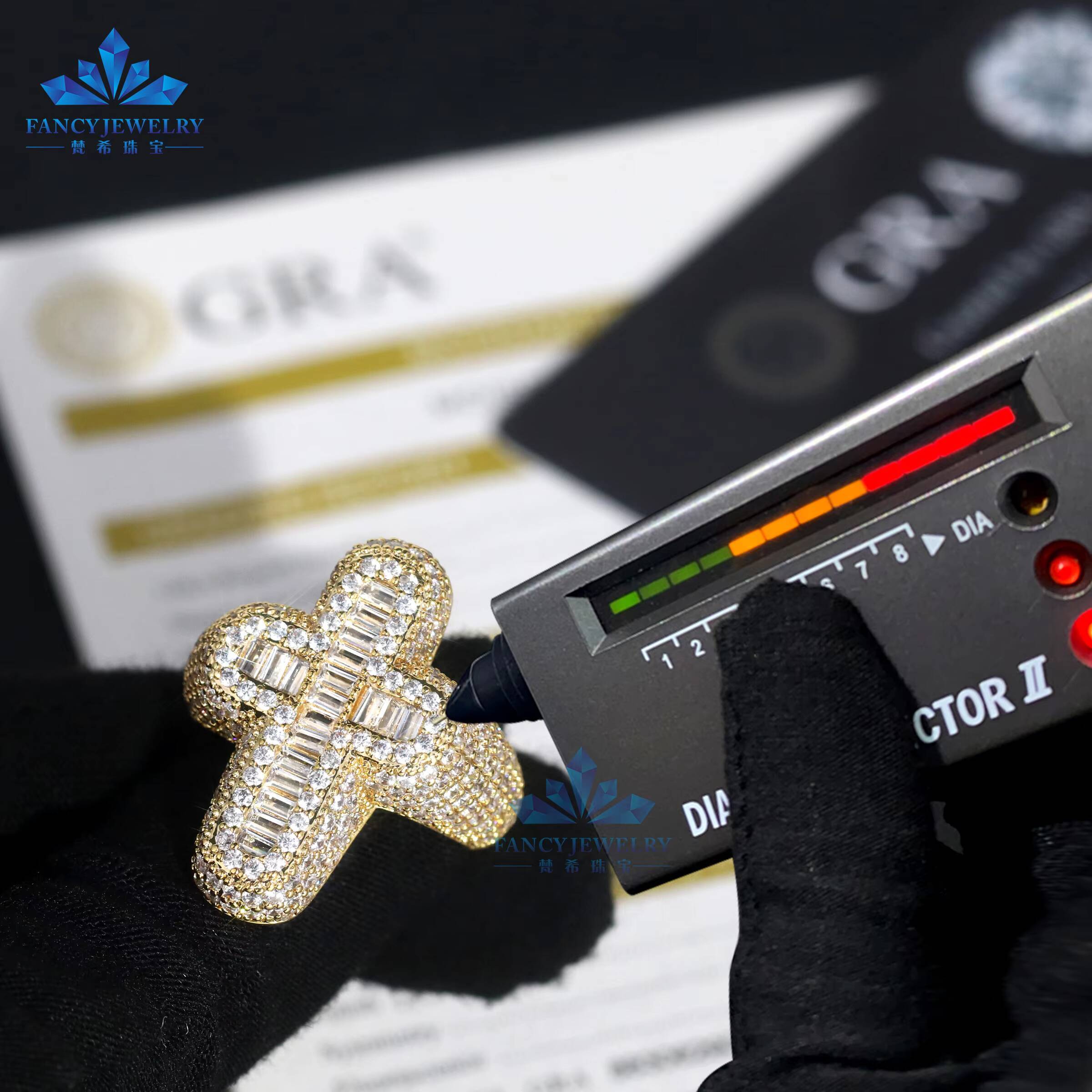 Wholesale Hip Hop Cross Gemstone Ring Men Ice Out 925 Silver Baguette Round Cut 18k Gold Plated Vvs Moissanite Cross Ring