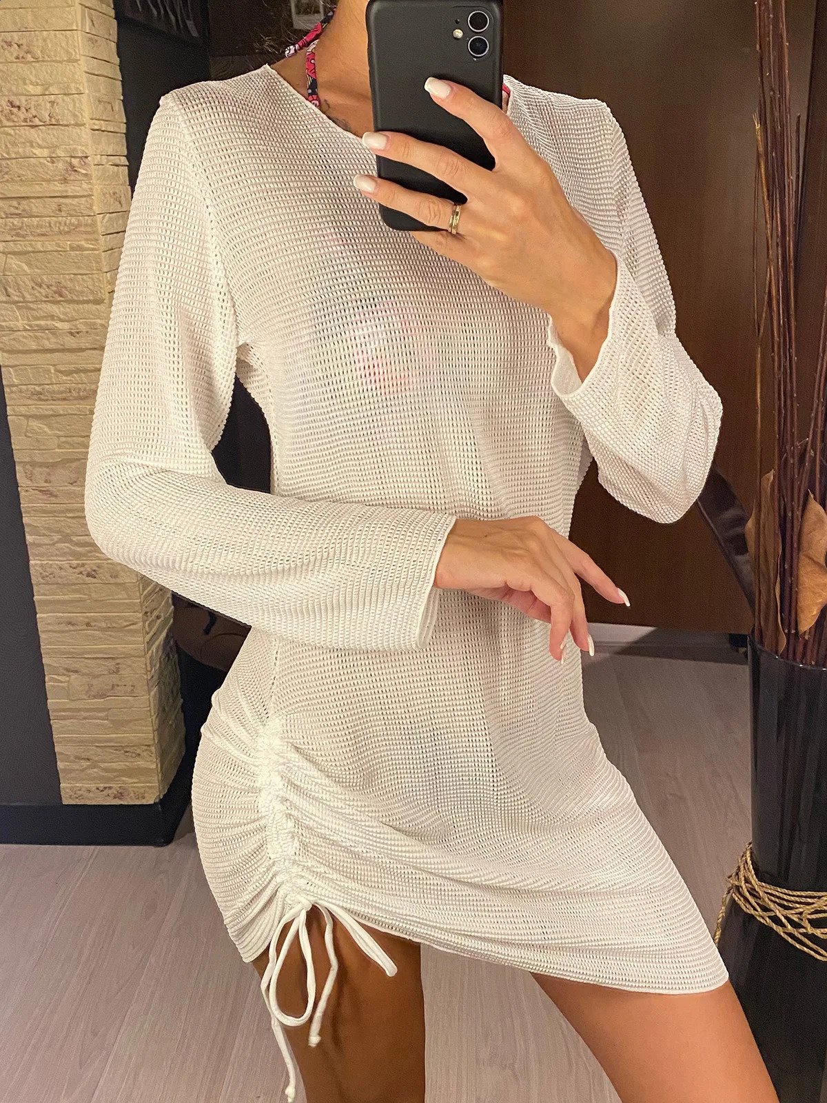 S - XL Long Sleeve Backless Crochet Knitted Tunic Beach Cover Up Cover-ups Beach Dress Beach Wear Beachwear Female Women V5038 250409