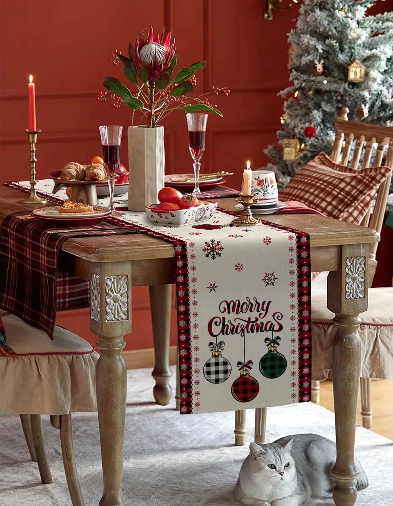 Christmas Christmas Plaid Ornament Table Runner Merry Christmas Snowflake Design Home Decor Xmas Holiday Party Dining Table Accent Festive Y251113