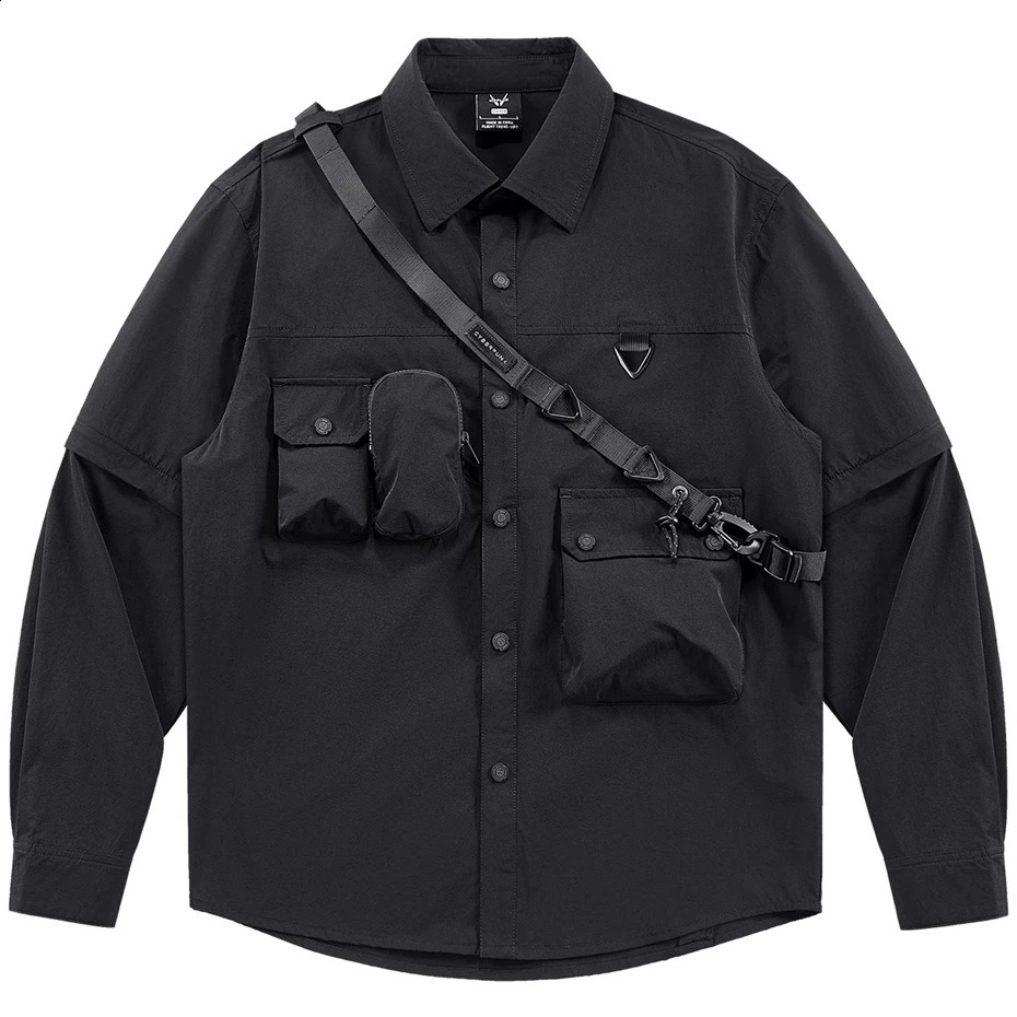 Black cargo shirt mens spring and autumn long sleeved shirt with multiple pockets Techwear shirt pocket n tactical clothing mens 250411