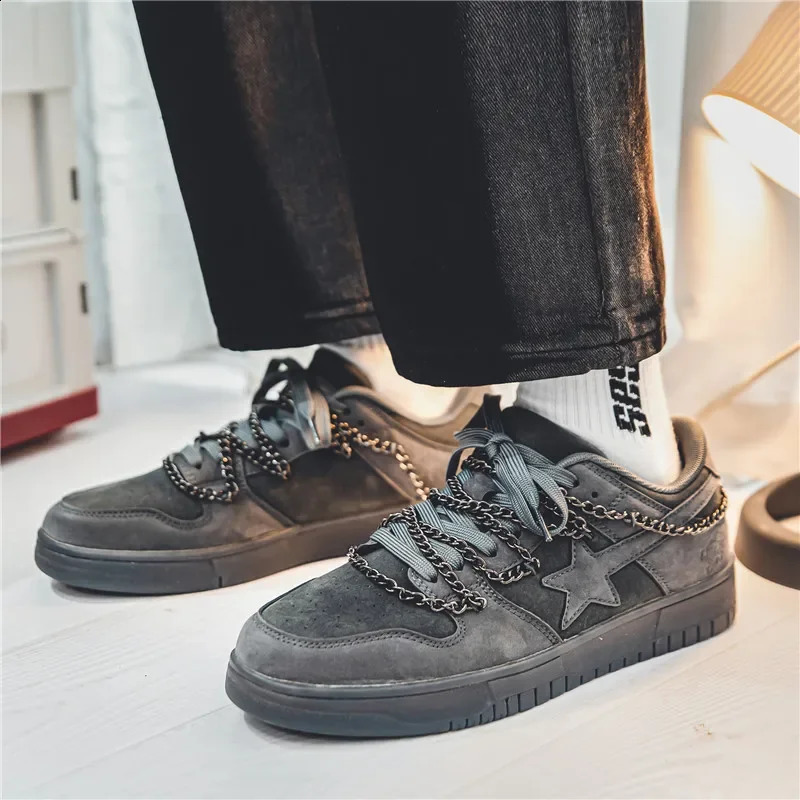 Mens casual sports shoes punk metal chain star skateboarding flat running tennis shoes basketball walking sports shoes 250410